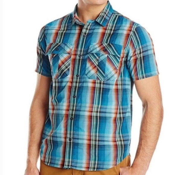 prAna Men's Medium Ostend Short Sleeve Button Down Shirt Plaid Blue Teal Orange - Picture 1 of 7